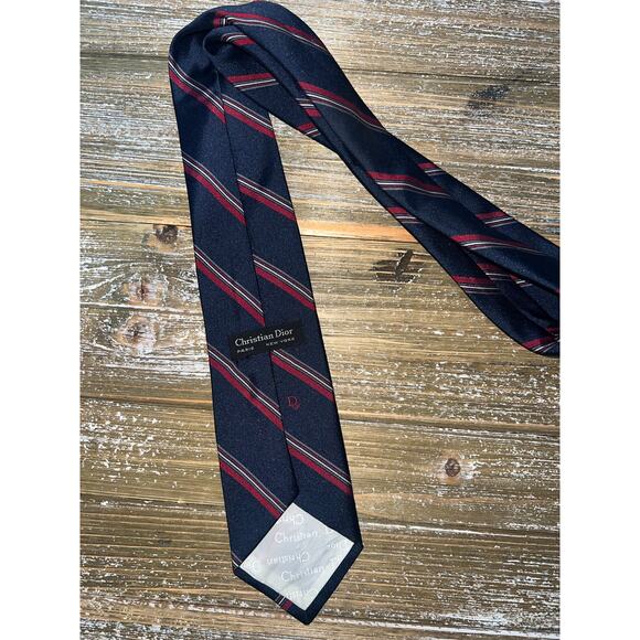 Christian Dior Tie Paris New York Classic Navy Red Stripe Timeless Mens - Picture 4 of 5